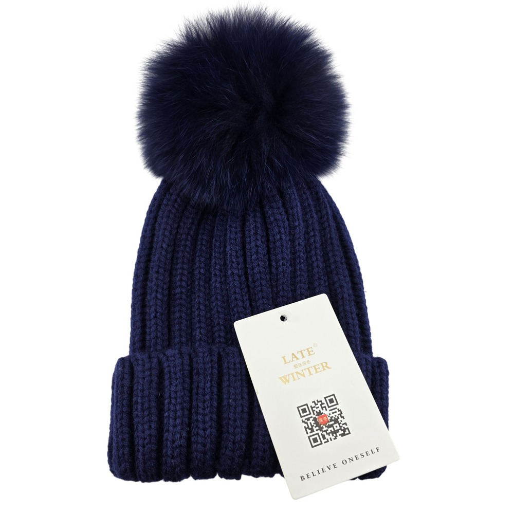 Late Winter Pom Pom Knit Beanie Women OS Midnight Blue NEW Cozy Minimalist